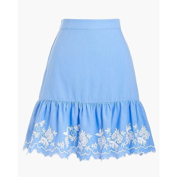 J. Crew Embroidered Blue and White Mini Skirt - Linen Cotton Blend sz M - Picture 1 of 7